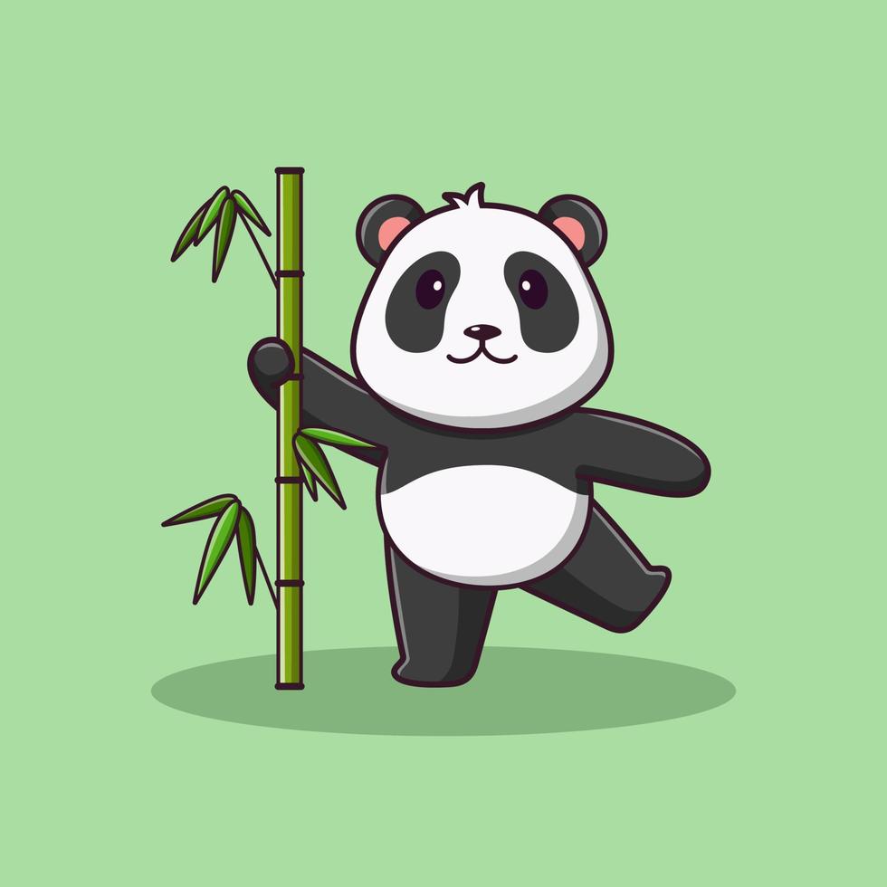 panda bonito dos desenhos animados segurando bambu, ilustração